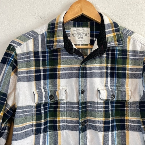 Aeropostale Green Blue Plaid Cotton Long Sleeve Button Front Flannel Shirt Sz MD - Picture 2 of 10